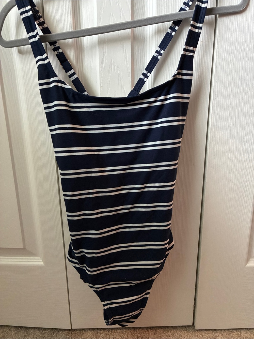 Michael Kors Navy and White Striped Swim Suit with Gold Logo Tag